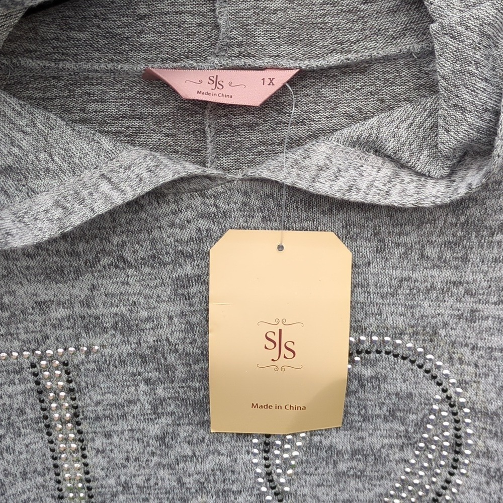 SJS Womens Gray Love Rhinestone Hoodie Plus Size 1X - Picture 2 of 7